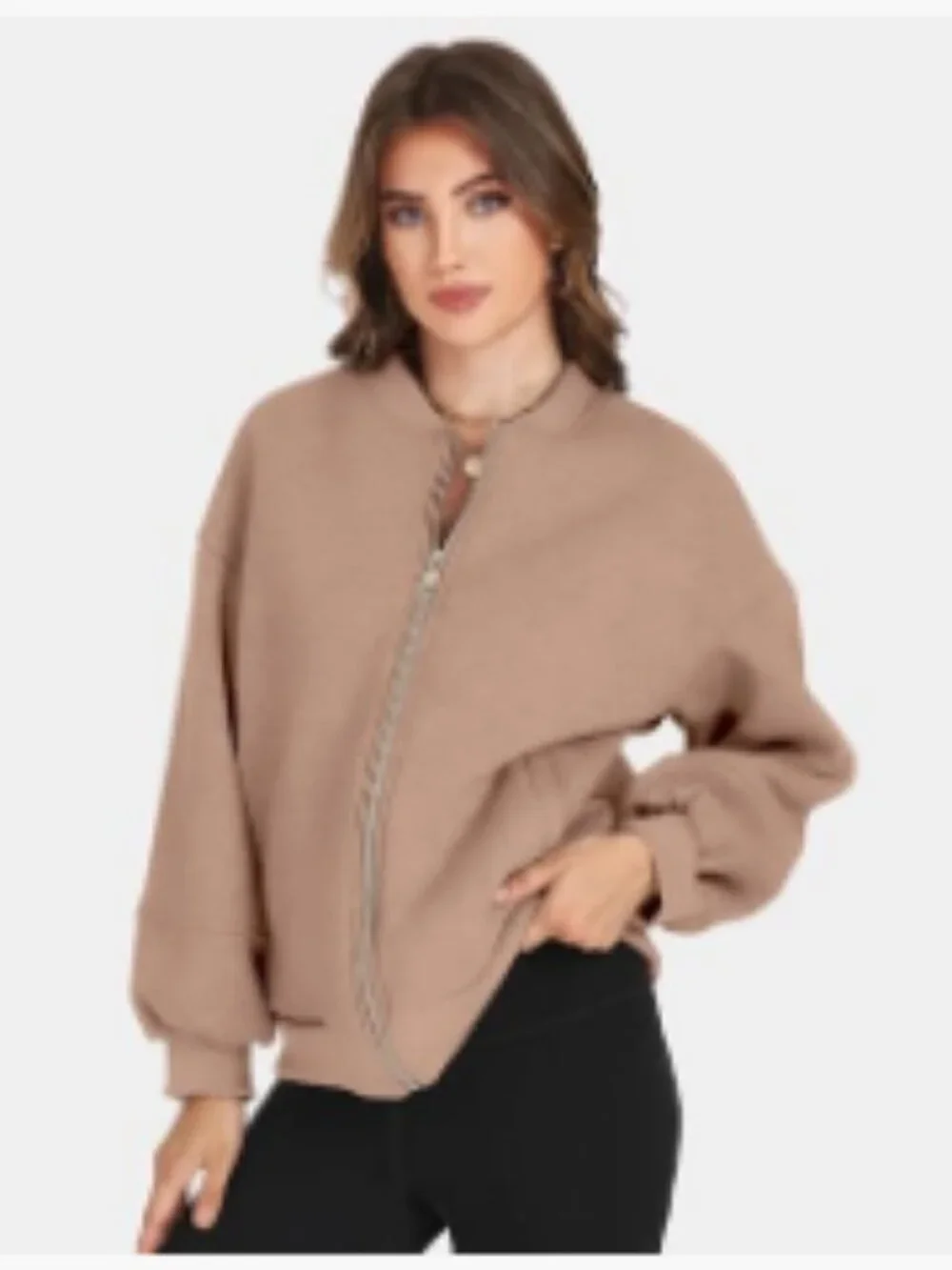 Oversized Zip Up Fleece Bomber Jacket with Lantern Sleeves - Picture 2 of 6